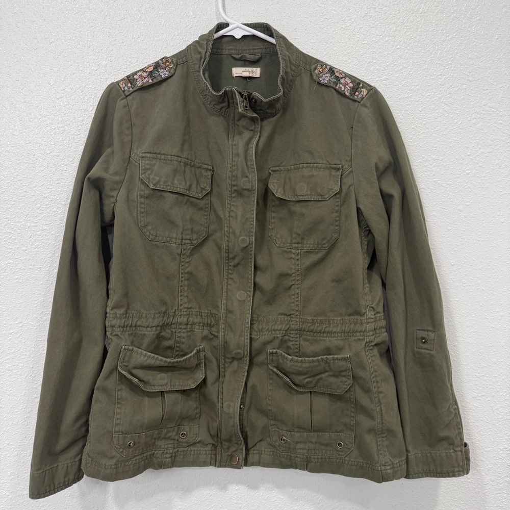 Artisan‎ Crafted Olive Green Utility Jacket Floral Shoulder Detail Women's Large